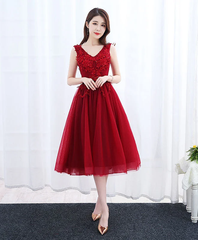 Burgundy V Neck Tulle Short Prom Dress, Lace Evening Dress