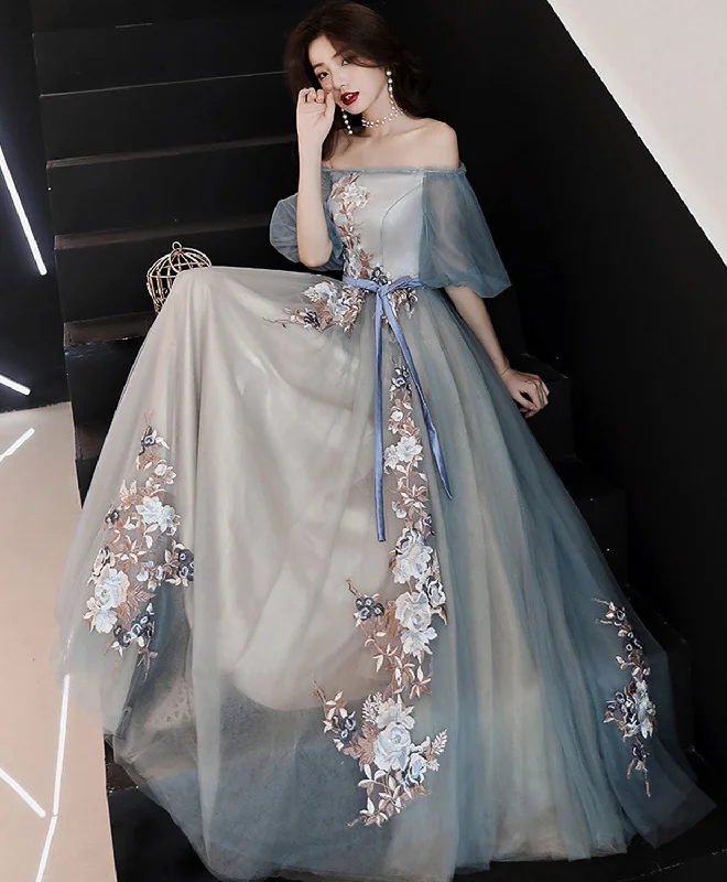 Gray Blue Tulle Lace Long Prom Dress, Gray Blue Evening Dress