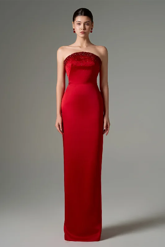 Yasmin Strapless Curved Neck Taffeta Silk Floor Length Dress