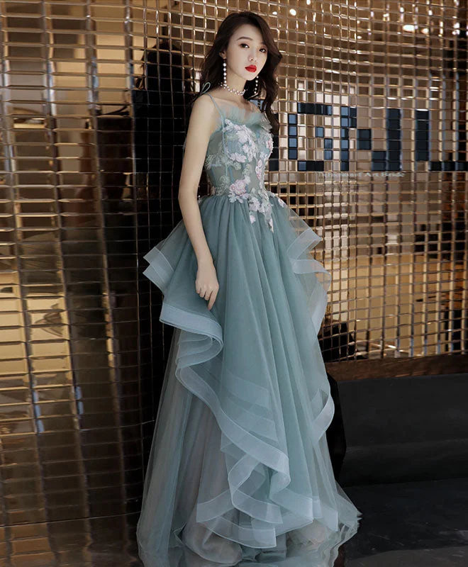 Green Tulle Lace Long Prom Dress, Green Tulle Lace Evening Dress