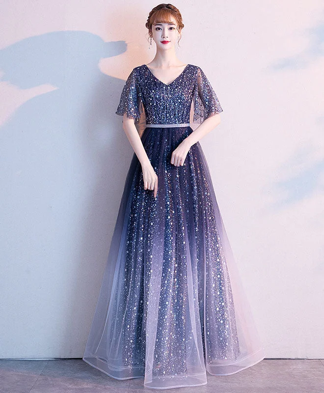 Blue Tulle Sequin Long Prom Dress Blue Evening Dress