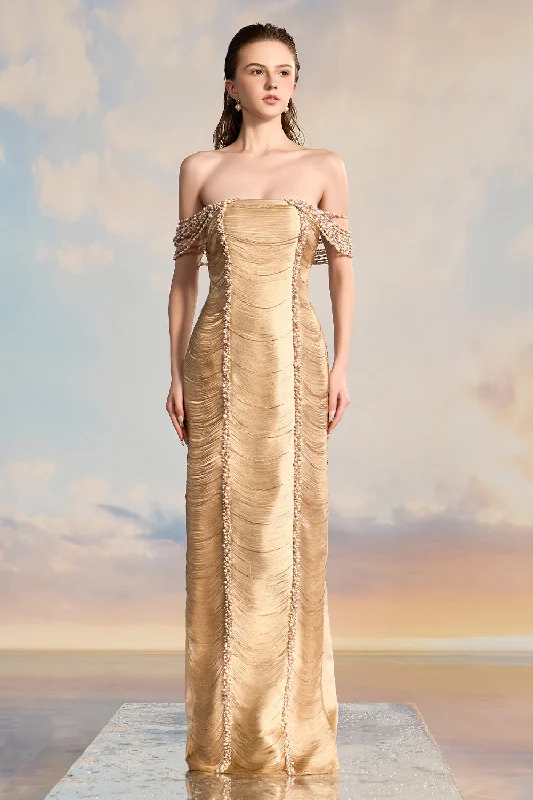 Amanda Sheath Off-Shoulder Silk Satin Floor Length Dress