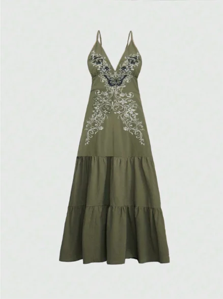 Witchy Vintage Butterfly & Vine Embroidery Spaghetti Strap Dress