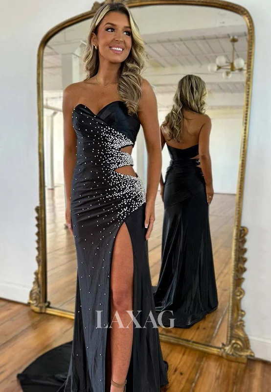 Off-Shoulder Sweetheart Sleeveless Mermaid Prom Dress Beaded Pleated Cutout Evening Gowns with Slit Off-Shoulder Sweetheart Sleeveless Mermaid Prom Dress Beaded Pleated Cutout Evening Gowns with Slit