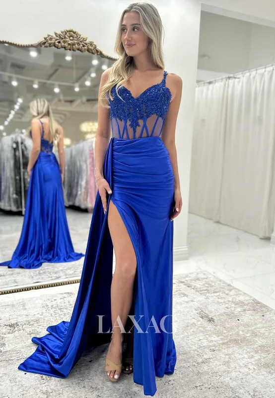 Spaghetti Straps Sleeveless Satin Mermaid Prom Dress Sweetheart Applique Beaded Pleated Evening Gowns Spaghetti Straps Sleeveless Satin Mermaid Prom Dress Sweetheart Applique Beaded Pleated Evening Gowns