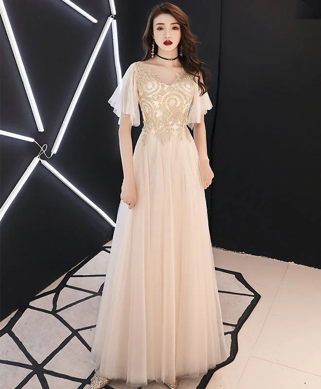 Champagne V Neck Tulle Lace Long Prom Dress Champagne Evening Dress