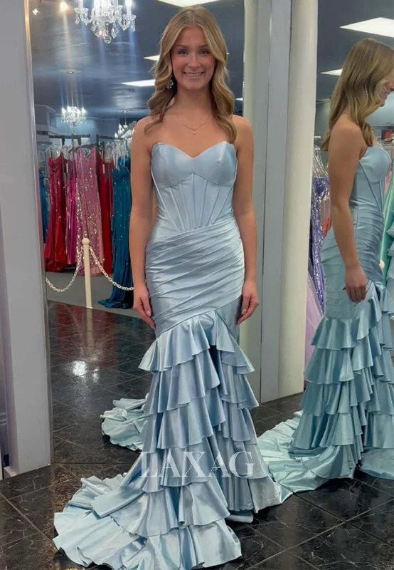 Off-Shoulder Sleeveless Pleated Mermaid Prom Dress Sweetheart Satin Tiered Evening Gowns with Train