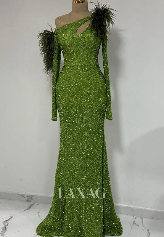 Long Sleeves Asymmetrical-Neck Mermaid Prom Dress Fringed Fully Sequined Pleated Evening Gowns Long Sleeves Asymmetrical-Neck Mermaid Prom Dress Fringed Fully Sequined Pleated Evening Gowns