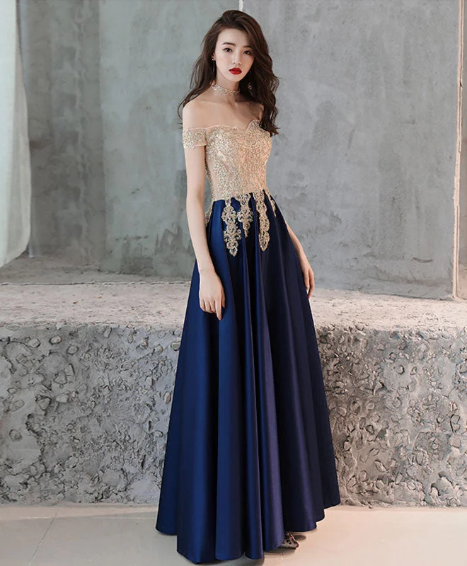 Dark Blue Sweetheart Lace Satin Long Prom Dress, Blue Evening Dress