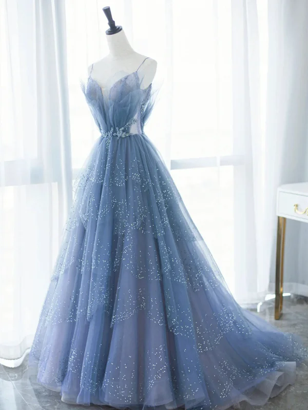 Blue Tulle Puffy Long Prom Dresses, Blue Tulle Long Formal Evening Dresses