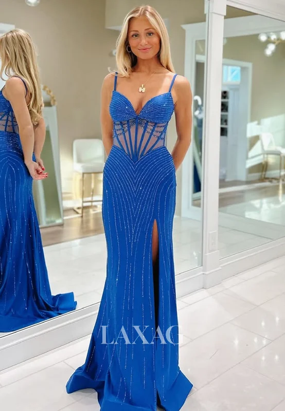 Sweetheart Spaghetti Straps Off-Shoulder Sleeveless Beaded Sequined Mermaid Prom Dress with Slit Sweetheart Spaghetti Straps Off-Shoulder Sleeveless Beaded Sequined Mermaid Prom Dress with Slit