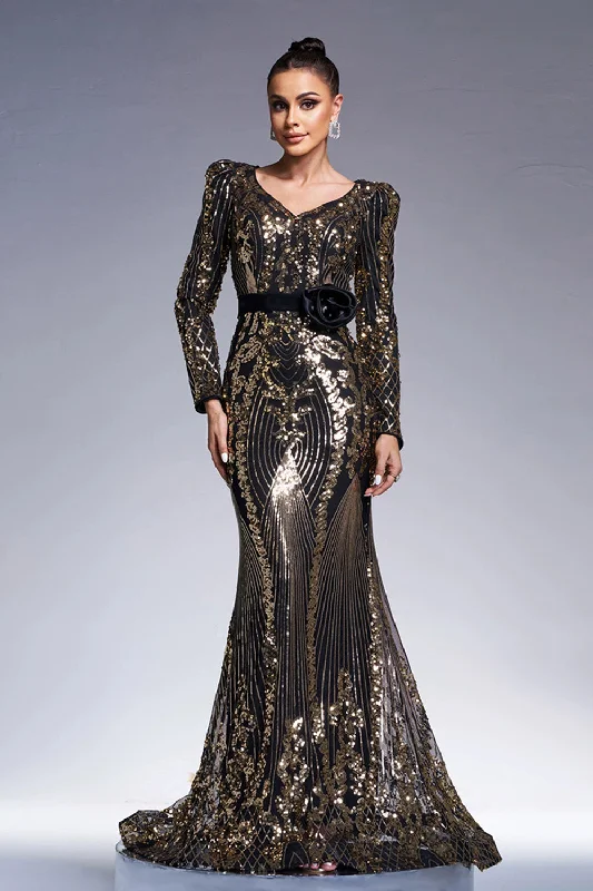 Sparkly Black Golden Long Sleeves Sheath Long Formal Dress with Sequin Embroidery