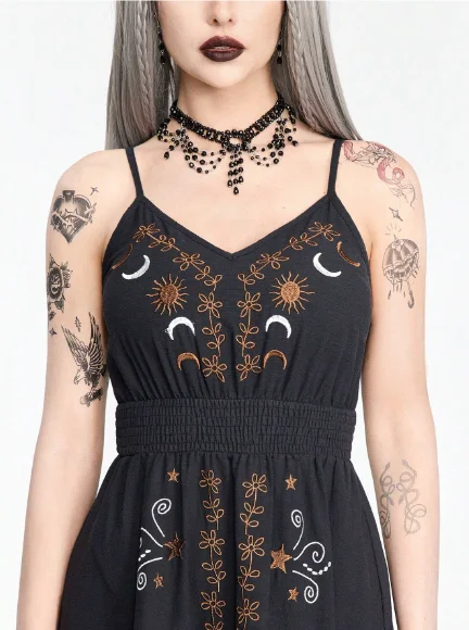 Music Witch Vintage Star & Moon Embroidered  Dress