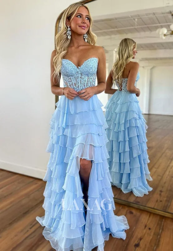 Sweetheart Off-Shoulder Sleeveless Formal Gowns Beaded Applique Pleated Tiered Chiffon Fitted Prom Dress Sweetheart Off-Shoulder Sleeveless Formal Gowns Beaded Applique Pleated Tiered Chiffon Fitted Prom Dress