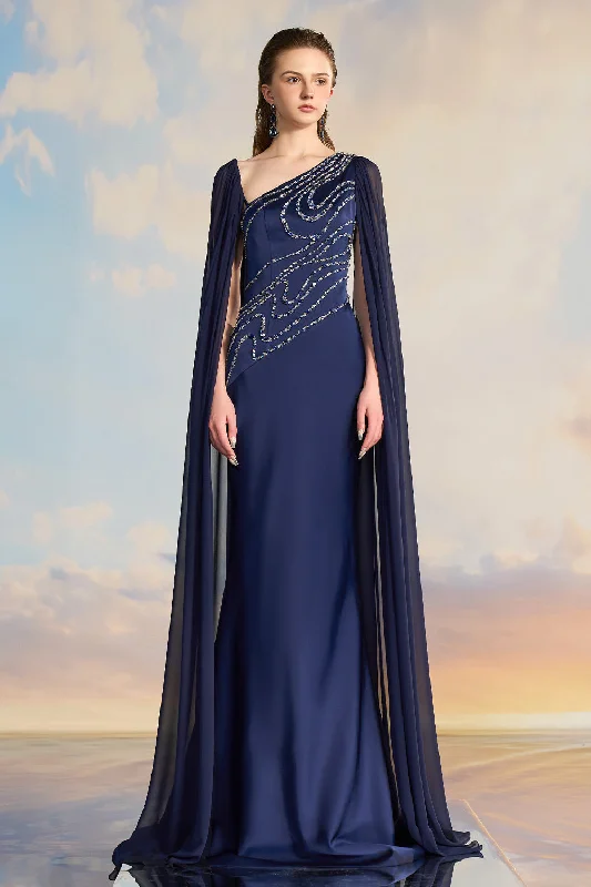 Miranda Trumpet Diagonal Neck Silk Satin Floor Length Dress