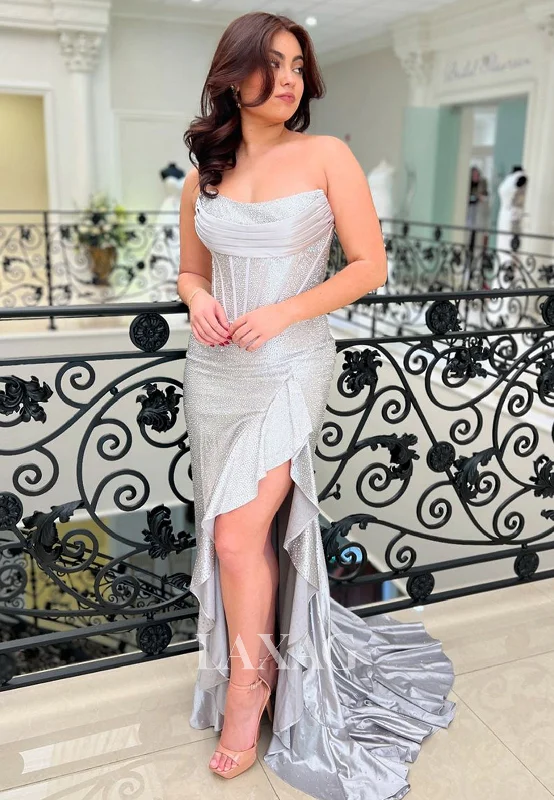 Scoop-Neck Off-Shoulder Sleeveless Pleated Evening Gowns Fully Beaded Sequined Mermaid Prom Dress
