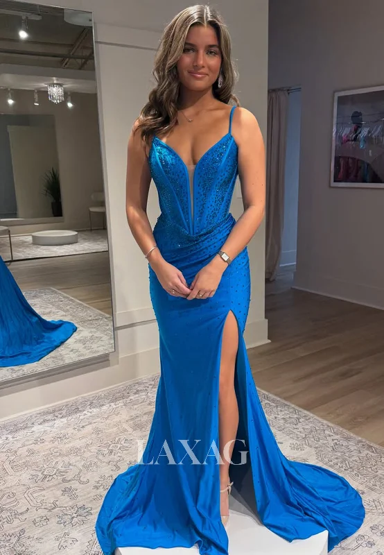Spaghetti Straps Deep V-Neck Sleeveless Party Gowns Beaded Pleated Satin Mermaid Prom Dress Spaghetti Straps Deep V-Neck Sleeveless Party Gowns Beaded Pleated Satin Mermaid Prom Dress