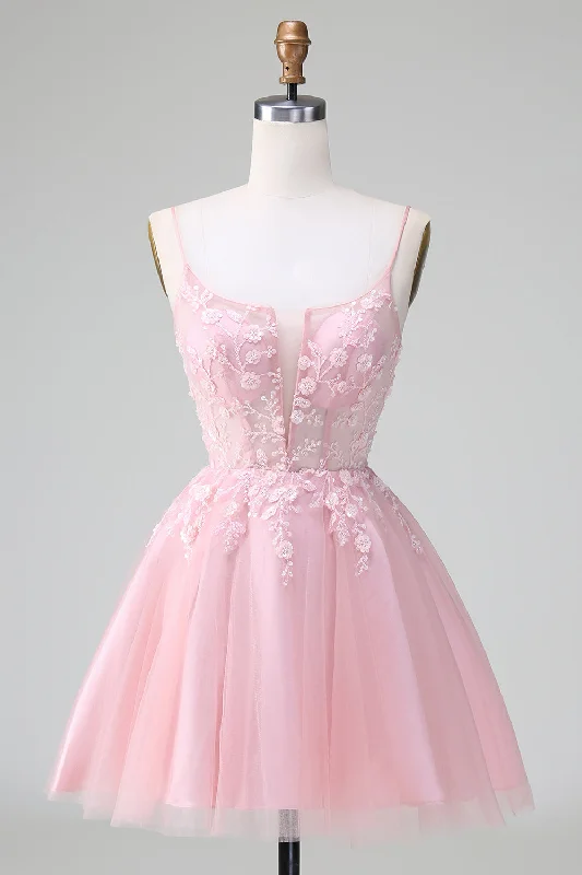 Princess Blush A Line Spaghetti Straps Tulle Short Homecoming Dress with Appliques