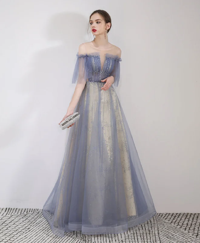 Blue Round Neck Tulle Lace Long Prom Dress, Blue Long Evening Dress