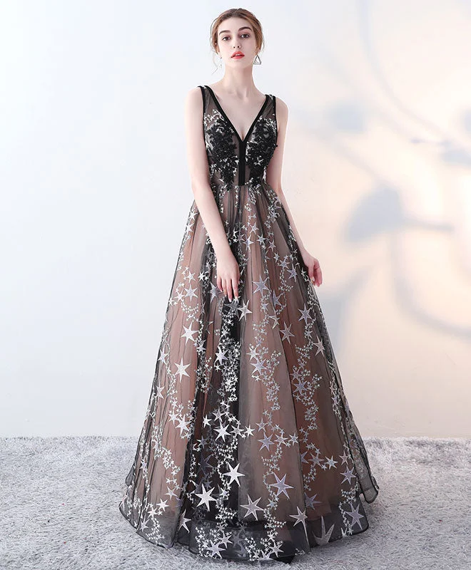 Cute Black V Neck Long Prom Dress, Black Long Evening Dress