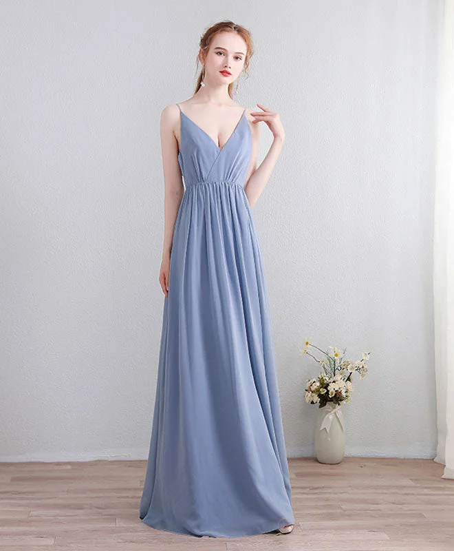 Blue V Neck Chiffon Lace Long Prom Dress, Evening Dress