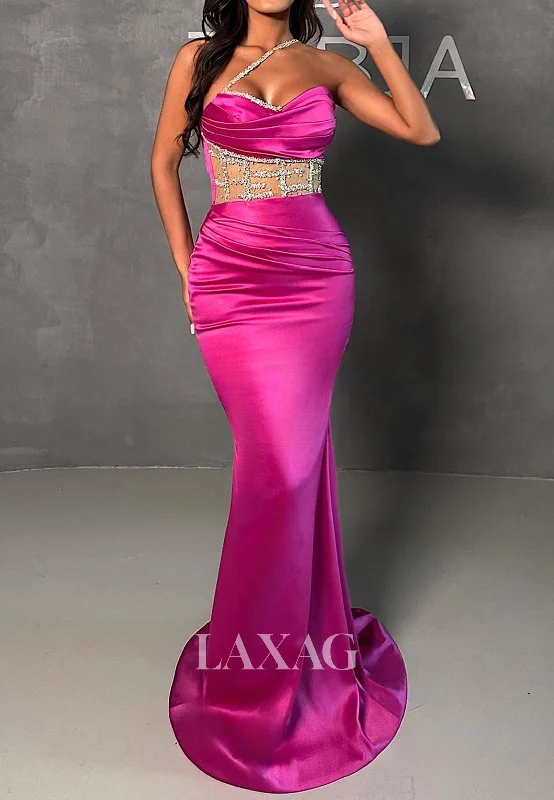Sweetheart Off-Shoulder Sleeveless Beaded Cutout Pleated Sweep Train Satin Mermaid Prom Dress Sweetheart Off-Shoulder Sleeveless Beaded Cutout Pleated Sweep Train Satin Mermaid Prom Dress