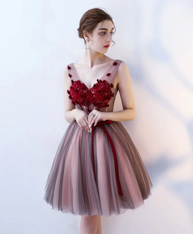 Burgundy V Neck Tulle Short Prom Dress, Tulle Evening Dress
