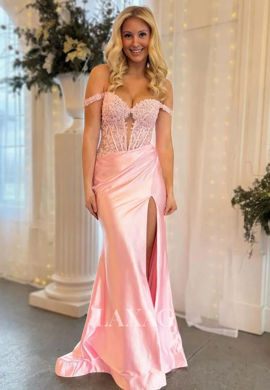 Sweetheart Off-Shoulder Sleeveless Beaded Lace Applique Pleated Mermaid Prom Dress with Slit Sweetheart Off-Shoulder Sleeveless Beaded Lace Applique Pleated Mermaid Prom Dress with Slit
