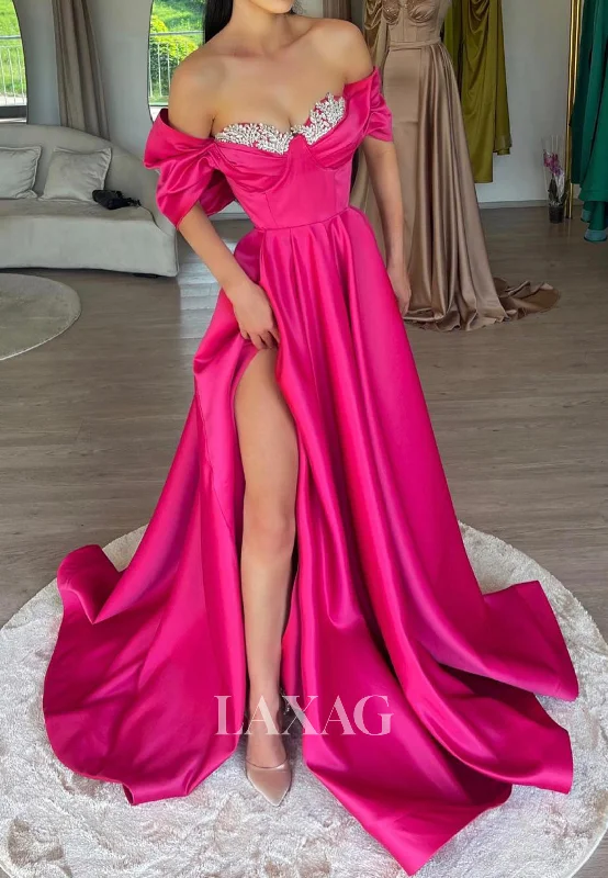 A-Line Sweetheart Off-Shoulder Sleeveless Prom Dress Beaded Pleated Satin Evening Gowns A-Line Sweetheart Off-Shoulder Sleeveless Prom Dress Beaded Pleated Satin Evening Gowns