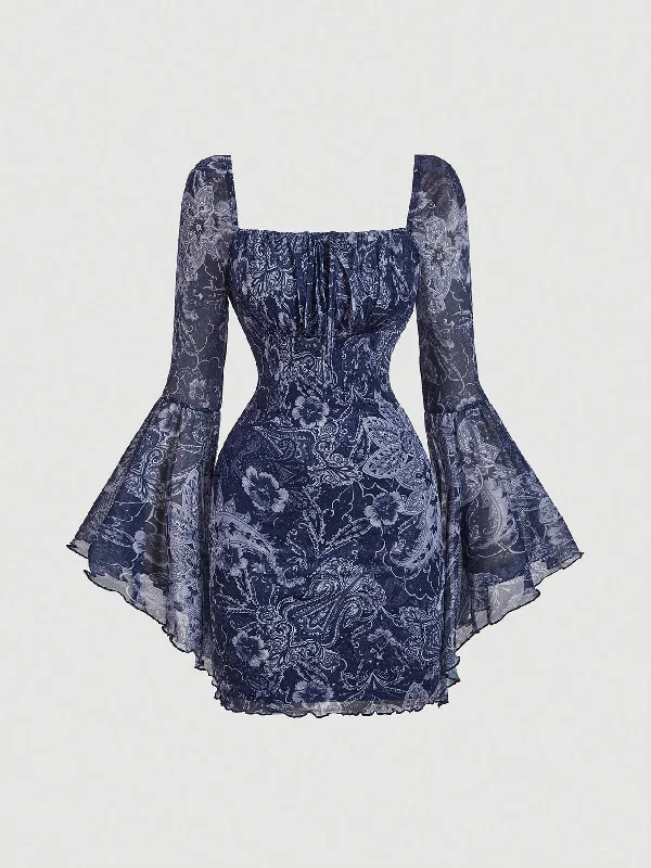 Spells in Blue Bell-Sleeve Vintage Dress