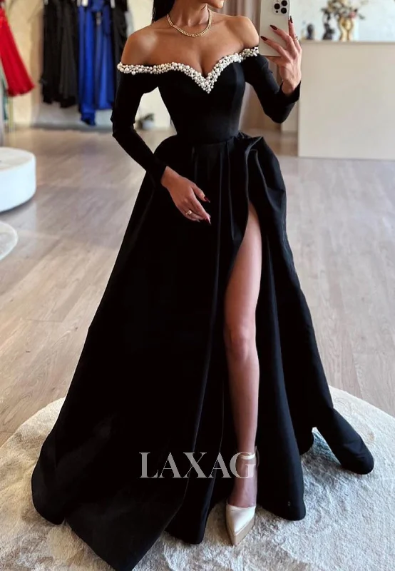 Sweetheart Off-Shoulder Long Sleeves Formal Gowns Beaded Pearls A-Line Prom Dress with High Slit Sweetheart Off-Shoulder Long Sleeves Formal Gowns Beaded Pearls A-Line Prom Dress with High Slit