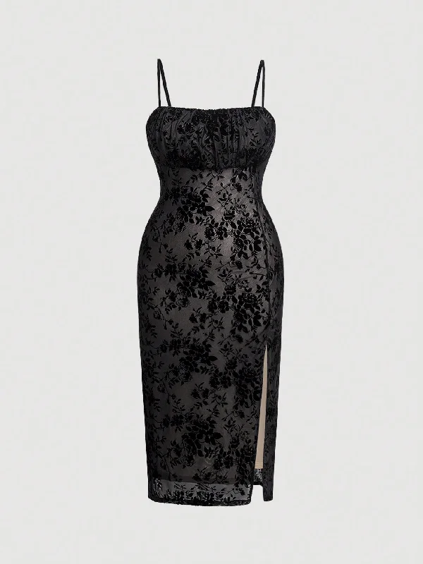 Witchy Midnight Moon Plus Floral Print Split Thigh Cami Dress