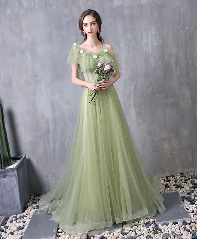 Green Tulle Lace Long Prom Dress Green Evening Dress