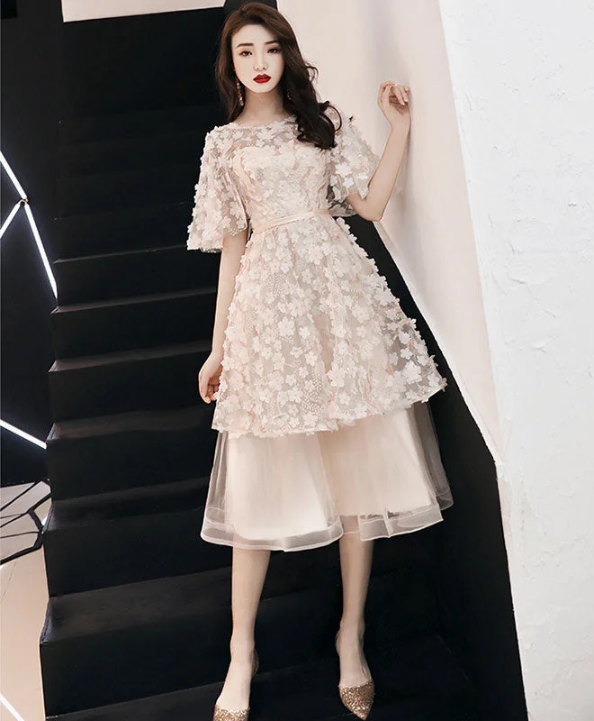 Champagne Tulle  Lace Short Prom Dress, Tulle Evening Dress