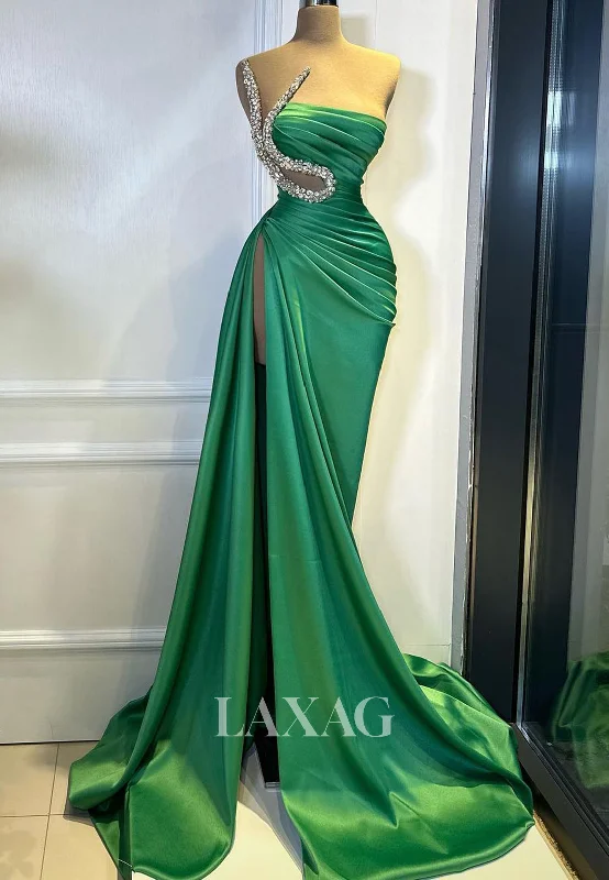 Asymmetrical-Neck Sleeveless Pleated Satin Evening Gowns Beaded Sweep Train Mermaid Prom Dress Asymmetrical-Neck Sleeveless Pleated Satin Evening Gowns Beaded Sweep Train Mermaid Prom Dress