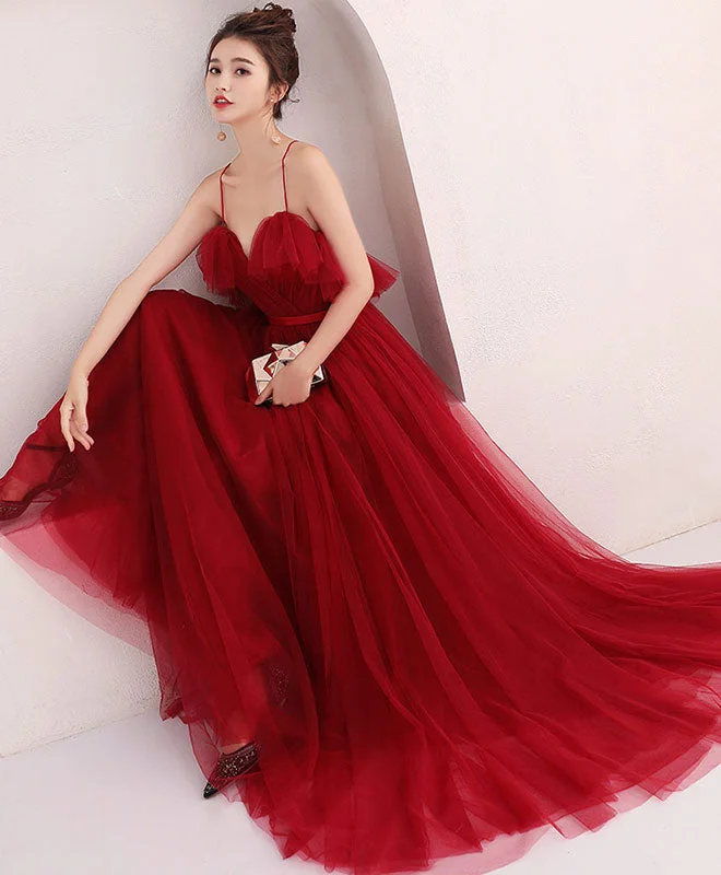 Burgundy Tulle Long Prom Dress, Evening Dress