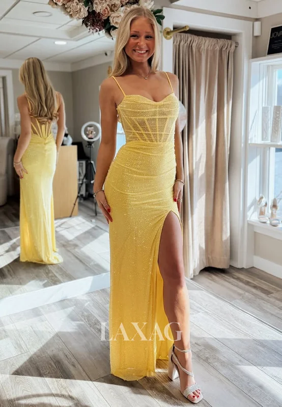 Spaghetti Straps Sweetheart Off-Shoulder Mermaid Prom Dress Sleeveless Fully Beaded Pleated Party Gowns Spaghetti Straps Sweetheart Off-Shoulder Mermaid Prom Dress Sleeveless Fully Beaded Pleated Party Gowns
