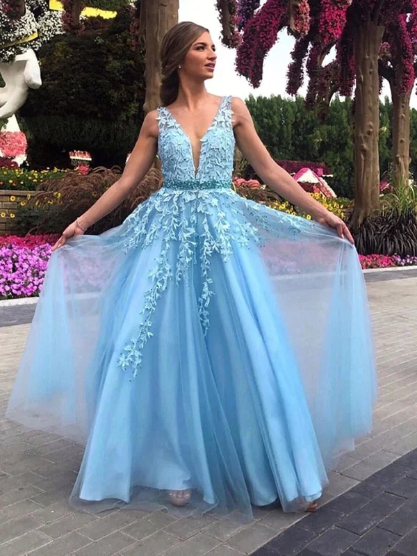 A Line V Neck Light Blue Lace Prom Dresses, Light Blue Lace Formal Evening Dresses