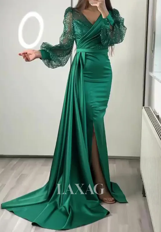 V-Neck Long Sleeves Pleated Satin Evening Gowns Sequined Beaded Sweep Train Mermaid Prom Dress V-Neck Long Sleeves Pleated Satin Evening Gowns Sequined Beaded Sweep Train Mermaid Prom Dress
