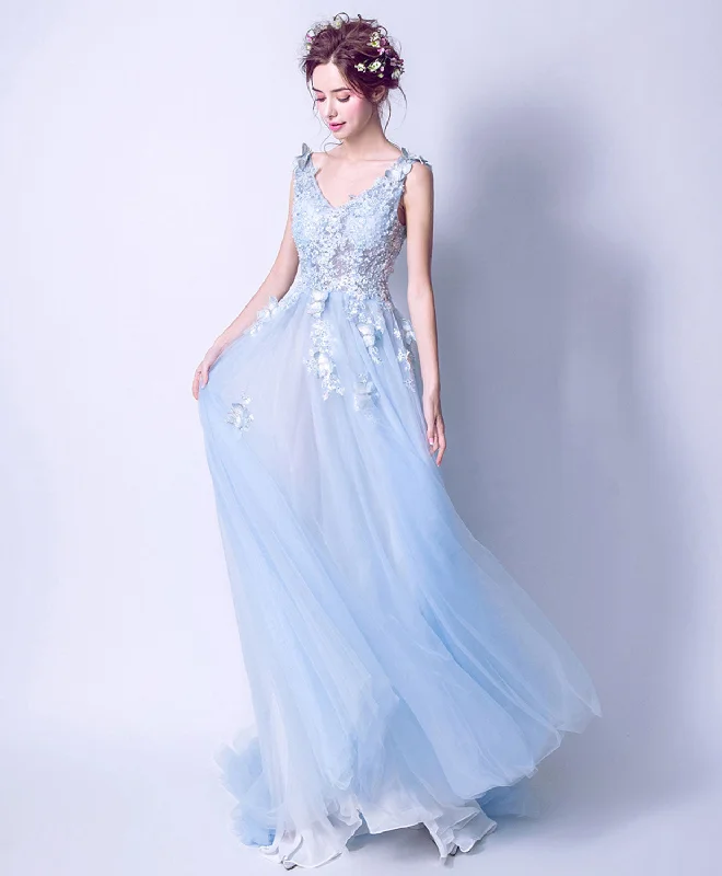 Blue V Neck Lace Tulle Long Prom Dress, Lace Evening Dress