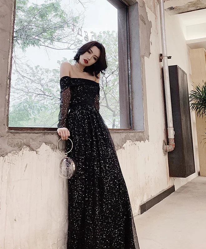 Black Tulle Long Prom Dress, Shiny Black Tulle Evening Dress