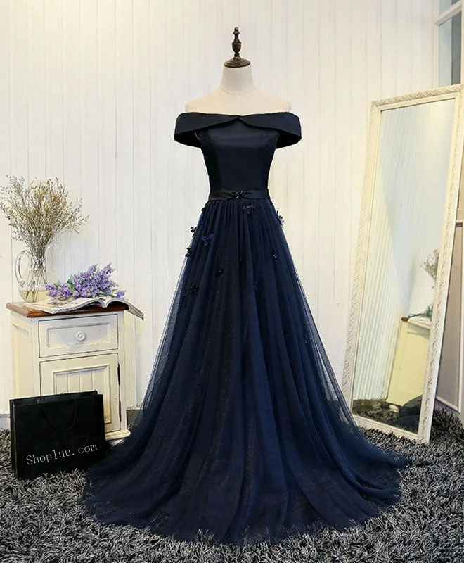 Dark Blue Off Shoulder Long Prom Dress, Evening Dress