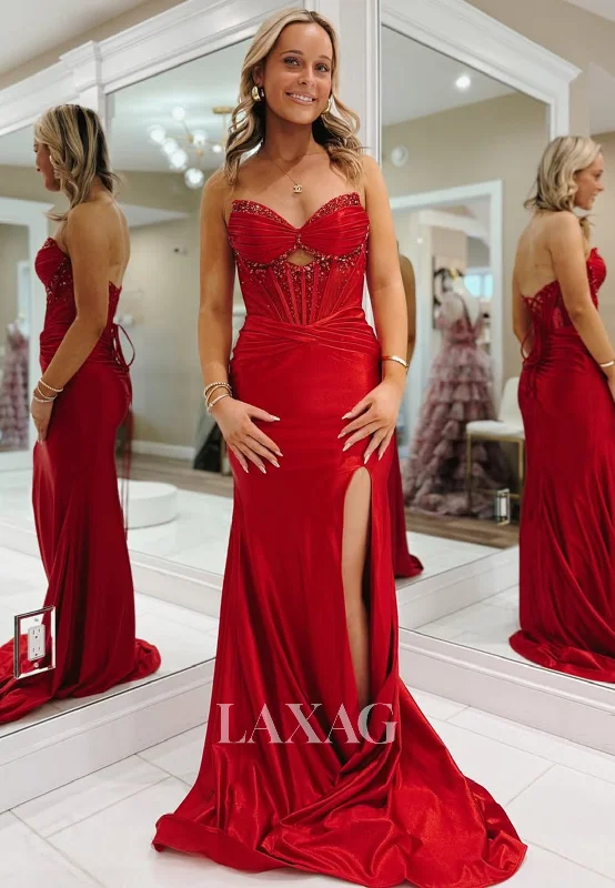 Off-Shoulder Sweetheart Sequined Formal Gowns Sleeveless Pleated Satin Mermaid Prom Dress Off-Shoulder Sweetheart Sequined Formal Gowns Sleeveless Pleated Satin Mermaid Prom Dress