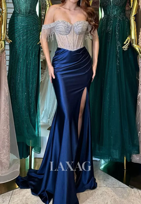 Sweetheart Sleeveless Pleated Satin Formal Gowns Beaded Sequined Sweep Train Meramid Prom Dress Sweetheart Sleeveless Pleated Satin Formal Gowns Beaded Sequined Sweep Train Meramid Prom Dress