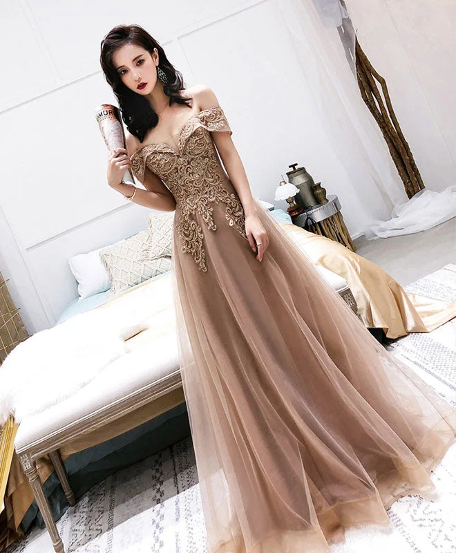 Champagne Tulle Off Shoulder Long Prom Dress, Tulle Evening Dress