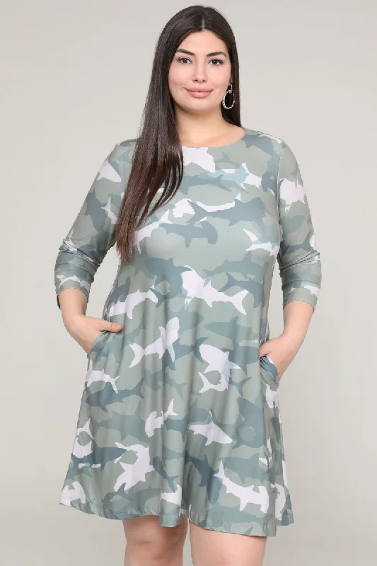 Plus Size Camouflage Shark Print A-line Dress