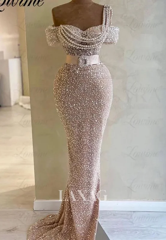 Sweetheart Off-Shoulder Sleeveless Mermaid Prom Dress Sequined Pearl Glitter-Knit Evening Gowns Sweetheart Off-Shoulder Sleeveless Mermaid Prom Dress Sequined Pearl Glitter-Knit Evening Gowns