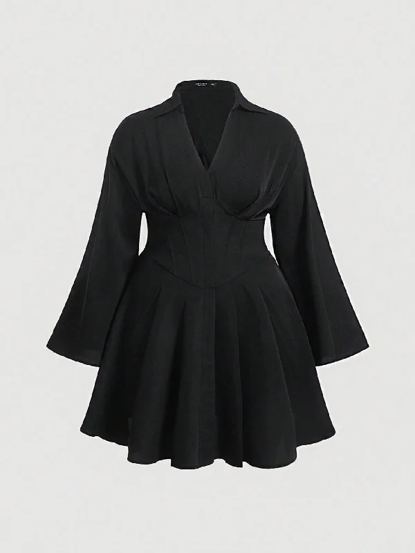 The Dark Goddess Plus Trumpet Sleeve Fold Pleated Dress