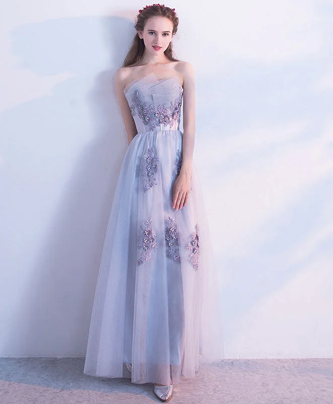 Gray Tulle Lace Long Prom Dress, Gray Tulle Evening Dress