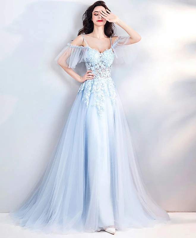 Light Blue Lace Tulle Long Prom Dress, Evening Dress
